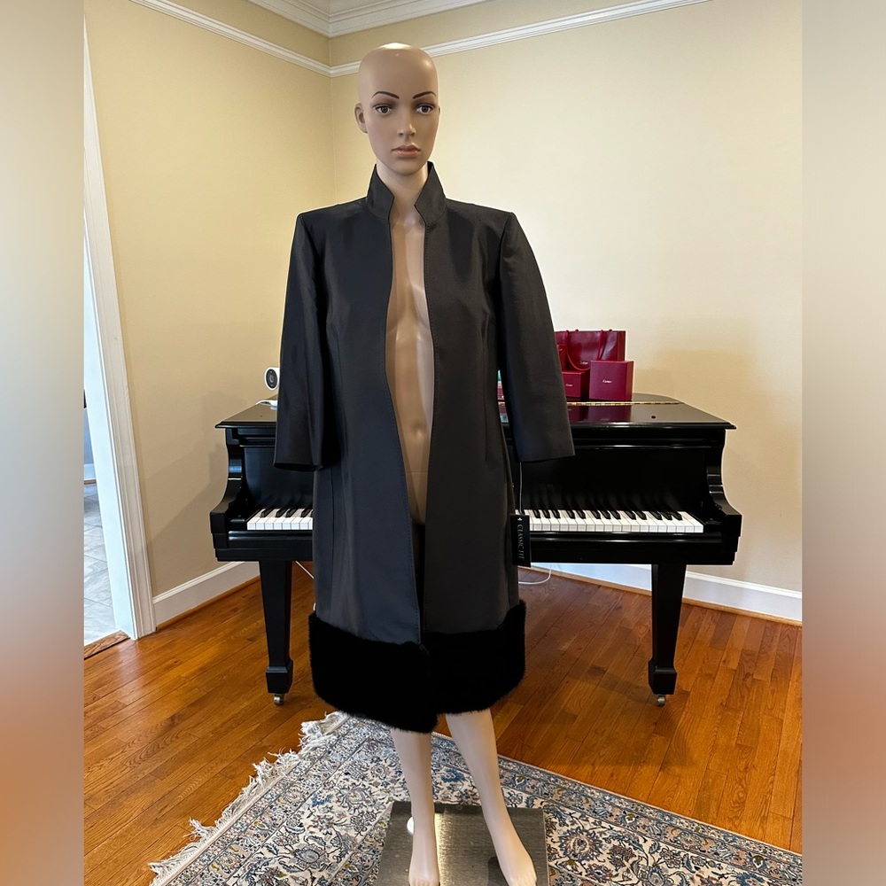 NWT Luxury Party Minimalist Vintage Albert Nipon Faux Fur Trim Coat Jeweled Belt - Picture 4 of 13